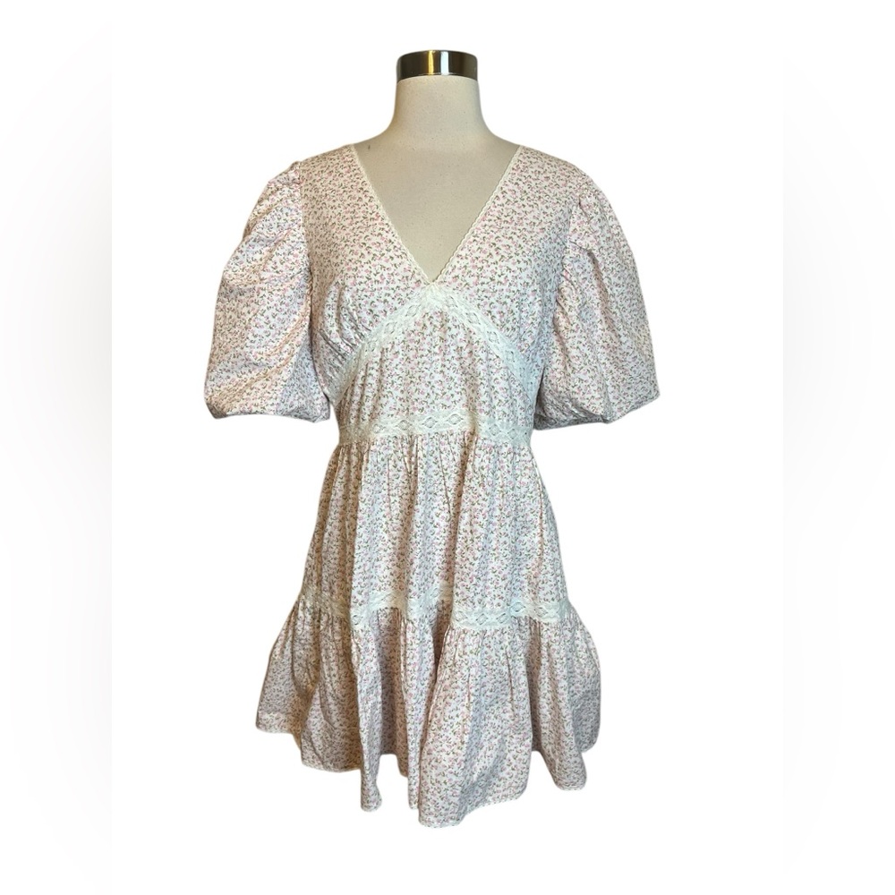 Tuckernuck Hyacinth House Dress M White Pink Floral Mini Puff Sleeve V Neck